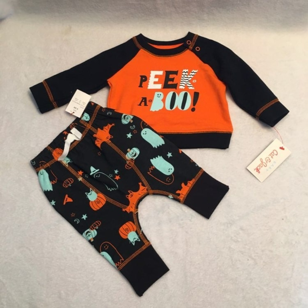 Cat & Jack Halloween Outfit Set Baby 0-3M Orange Black New Peek-A-Boo Joggers